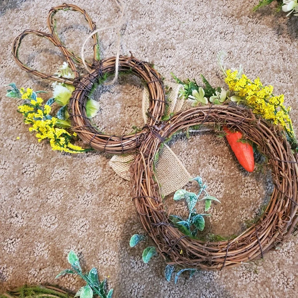 Set of 7 Easter Bunny Grapevine Wreaths Moss Burlap Bow Spring Decor 12 Inch